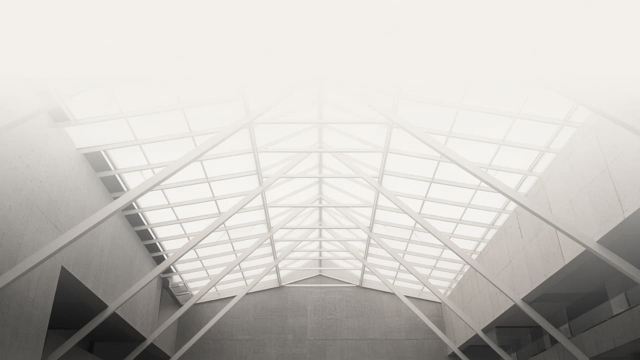 Glass and steel structure, seen from below